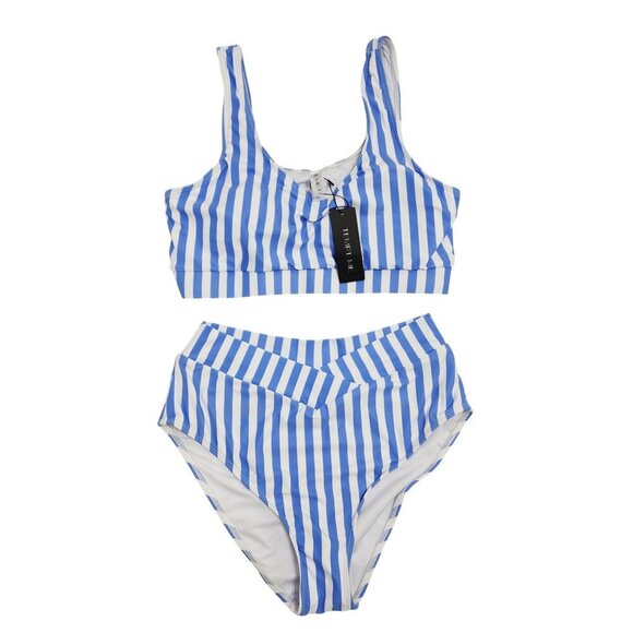 Blue White Striped Bikini Set Scoop Neck Top High Waist Bottoms Size M Tempt Me - Picture 1 of 6